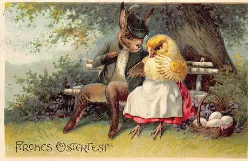 L175 Ostergrüße 1909 Anthropomorphe Hasen Küken Eier Prägepostkarte