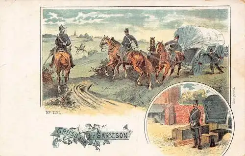 L002 Deutschland Gruss aus der Garnison Kavallerie Soldaten Militär Litho Postkarte