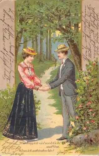 Paar Händchen haltend im Wald 1904 geprägte Postkarte