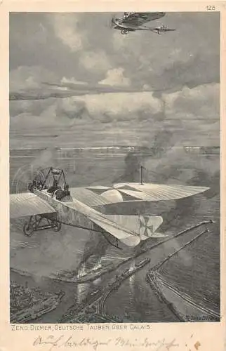 L004 Deutschland 1916 WWI Flugzeuge Zeno Diemer über Calais Feld Postkarte