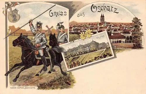 L003 Deutschland 1900 Gruss aus Oschatz Multiviews Kavallerie Militär Litho Postkarte