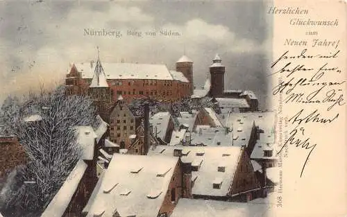 L167 Deutschland Schloss Nürnberg Südansicht Neujahrsgrüße Vintage Postkarte