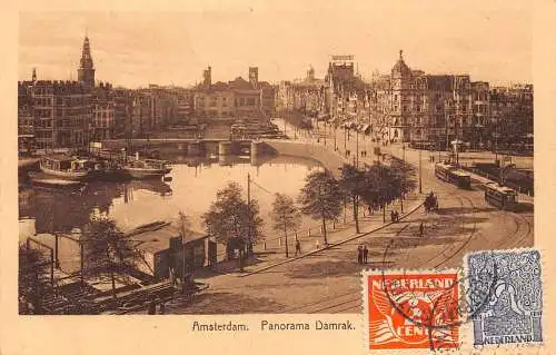 Niederlande 1926 Amsterdam Panorama Damrak Dampfschiffe Kanal Vintage Postkarte