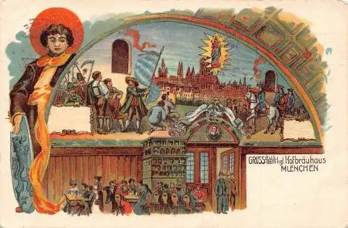 A059 Deutschland 1912 Gruss aus München Kgl Hofgräuhaus Kunst Fresken Postkarte