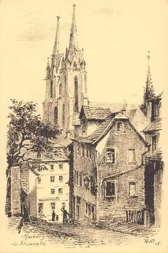 A059 Deutschland Marburg Anzeige L St Elisabeth vom Roten Graben aus Künstlerkarte Postkarte