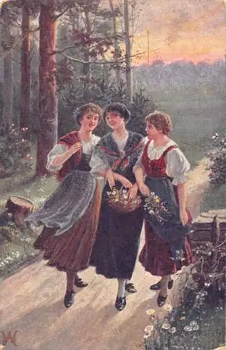 A059 Deutschland 1916 Die drei schönen Mädchen Blumen Wald Gemälde Postkarte