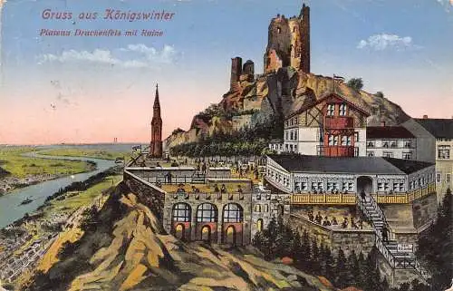 L318 Deutschland Gruss aus Königswinter Plateau Drachenfels Ruine Vintage Postkarte