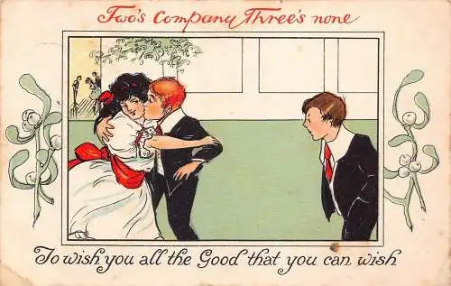 A057 Grüße Two's Company Three's None Man looking Couple Mistelzweig Postkarte