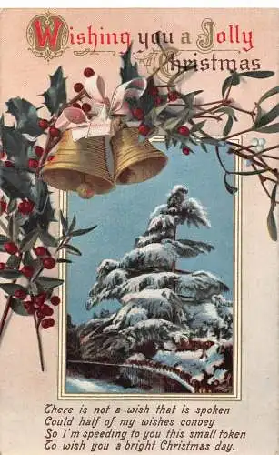 A055 Weihnachtsgrüße Tannenbaum Glocken Mistelzweig Gedicht Band Postkarte