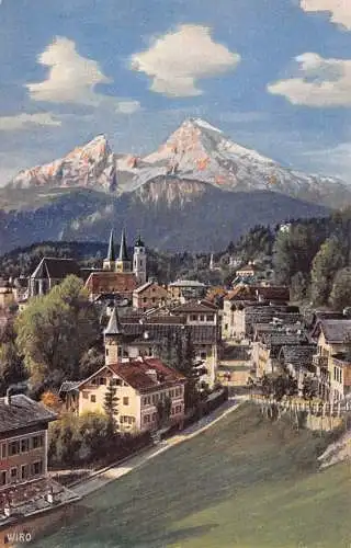A068 Deutschland Berchtesgaden mit Watzmann Berggemälde signiert Wiro Postkarte