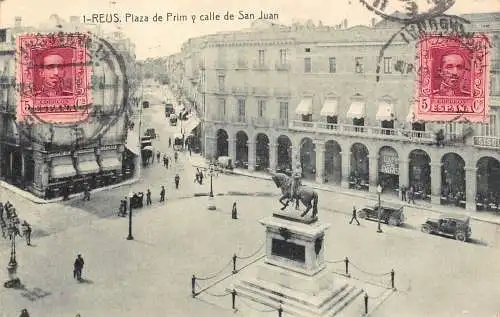 Spanien 1926 Reus Plaza de Prim y Calle de San Juan Cars Cafe de Paris Postkarte