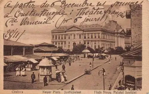 Rumänien Craiova Piata Noua Palatul Justitiei Gerichtsrecht Wagen Vintage Postkarte