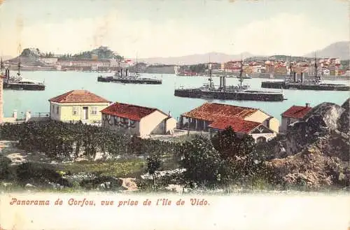 L329 Griechenland Korfu Panorama von der Insel Vido Dampfschiffe Vintage Postkarte