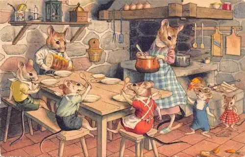 L338 Humanisierte Mäuse Familie anthropomorphe Comic Postkarte