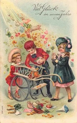 L191 Neujahr 1908 Kinder Fisch Pilz Schwein Geld Hufeisen Glück Postkarte