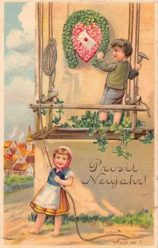 L191 Neujahrsgrüße 1911 Kinder Kleeblatt Glück Blumen Prägepostkarte