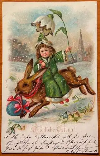 L191 Ostergrüße Fee reitend Hase Ei Schneeglöckchen Glitzer Postkarte