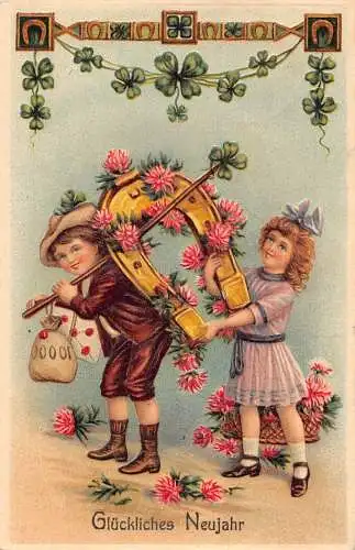 L191 Neujahrsgrüße 1912 Kinder Hufeisen Kleeblatt Glück Geldsack Postkarte