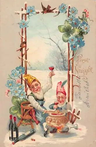 L192 Neujahrsgrüße 1903 Zwerge trinken Wein Blumen Vogel Glück Postkarte