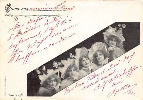 A091 Grüße 1897 Frauen Elegante Haube mit Blumen lockiges Haar posiert Postkarte