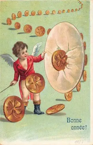L192 Neujahrsgrüße 1907 Cherub Goldmünzen Glück Litho Vintage Postkarte