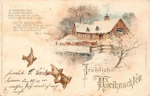 A091 Weihnachtsgrüße 1900 Winterlandschaft Vögel Gedicht von Mart Blunt Postkarte