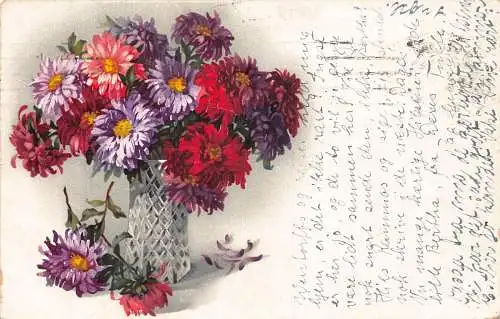 A091 Gruß 1921 Bunte Chrysanthemenblüten in eleganter Vase Postkarte