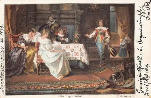 A091 Gemälde 1899 Improvisator Mann amüsante Damen signiert JE Gaisser Postkarte
