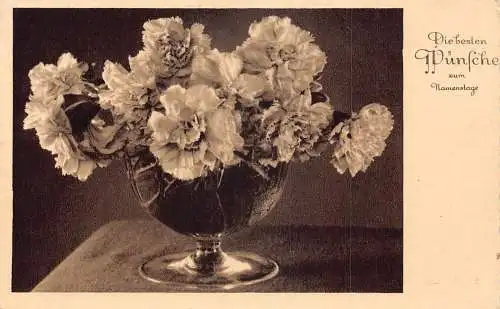 A091 Namenstag Grüße 1938 Nelkenstrauß in Vase Vintage Postkarte