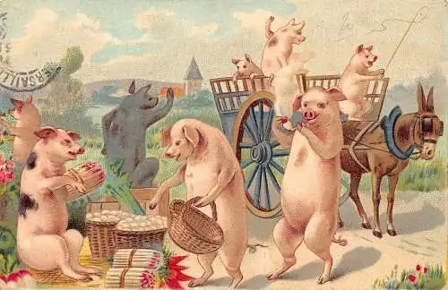 L348 Humanisierte Schweine ernten anthropomorphe Litho Comic Vintage Postkarte