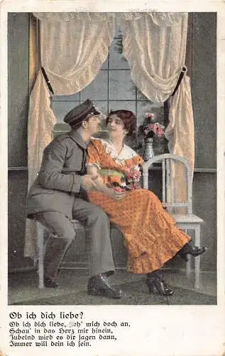 A090 Romanze 1916 1. Weltkrieg Offizier Frau auf Bank lachende Liebe Gedicht Feld Postkarte
