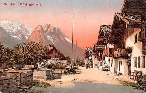 Deutschland 1910 Garmisch Fruehlingstraße Straße Brunnen Häuser Vintage Postkarte