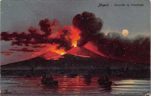 L278 Italien Neapel Gemälde signiert Vesuv ausbrechender Mondschein Boote Postkarte