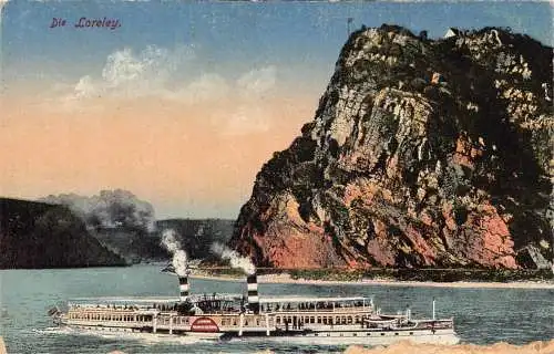 L341 Deutschland Die Loreley Dampfschiff Klippe Vintage Postkarte