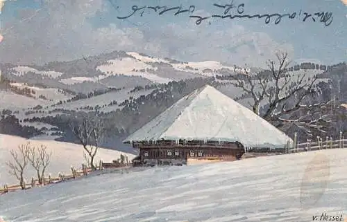 L345 Deutschland 1916 signiert V Nessel Haus im Winter Berglandschaft Postkarte