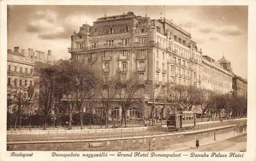 Ungarn Budapest 1935 Danube Palace Hotel Straßenbahn Postkarte