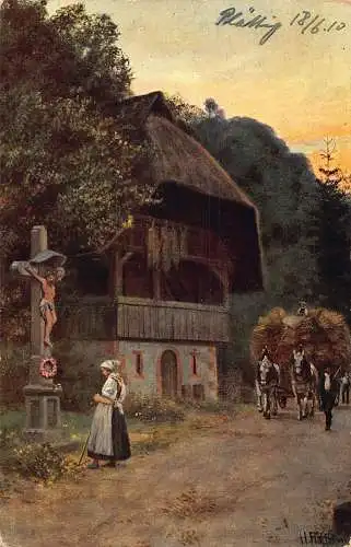 A095 Gemälde 1910 Frau betet am Kreuz Heuwagen signiert H Hoffmann Postkarte