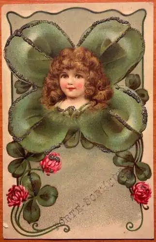 L191 Grüße Riesen Kleeblatt Glück Blumen Mädchen Glitzer Postkarte