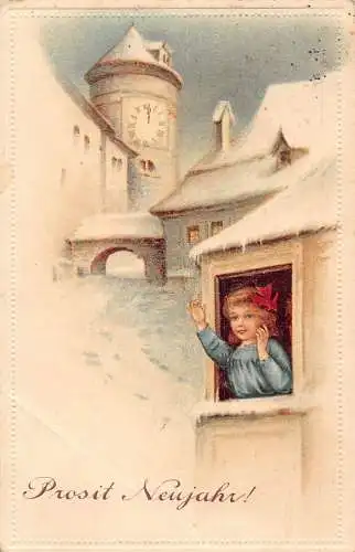 L076 Deutschland 1914 Frohes Neues Jahr Uhrturmmädchen Gruß Postkarte