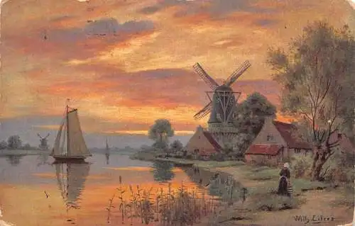 A092 Gemälde 1915 Feldpost 1. Weltkrieg signiert Wilh Eilers Sonnenuntergang Boot Windmühle Postkarte
