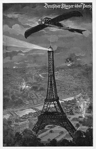 L027 Deutschland WWI Luftwaffe Flugzeug über Eiffelturm Paris Postkarte