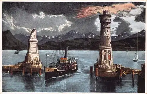 L346 Deutschland Lindau i B Hafen Dampfschiff Leuchtturm Mondschein Vintage Postkarte