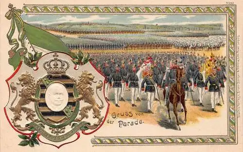 L026 Deutschland Gruss von der Parade Wappen geprägt Militär Litho Postkarte