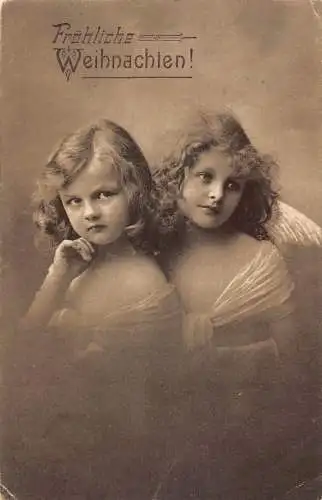 L351 Weihnachtsgrüße 1912 Mädchen Cherubs weißes Kleid Vintage Postkarte
