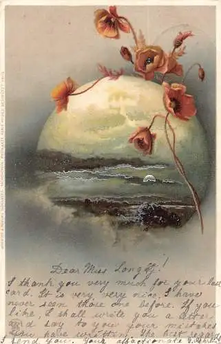 L351 Mond in Wolken im Inneren Mond, Mohnblumen, Mondlicht 1900 Litho Postkarte