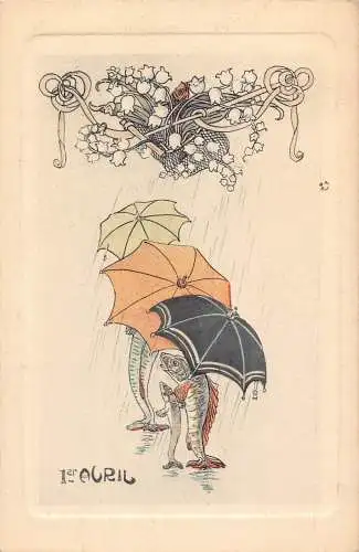 L078 Narrentag 1. April Fisch anthropomorpher Regenschirm Fantasy Vintage Postkarte