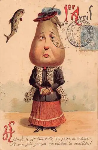 L078 Frankreich 1908 Narrentag 1. April Fisch Großkopf Dame Fantasy Postkarte