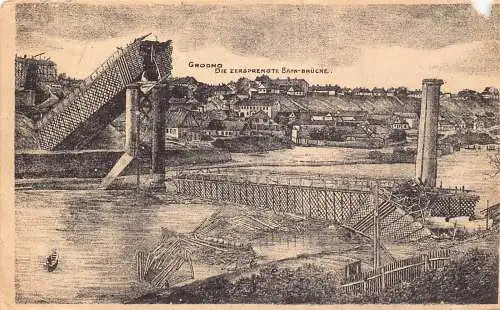 L001 Weißrussland 1915 Grodno zerstörte Eisenbahnbrücke Feldpost alte Postkarte
