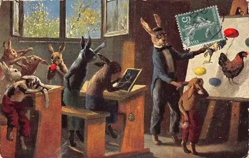 L078 Frankreich 1910 Humanisierte Hasen im Klassenzimmer Ostern Fantasy Postkarte