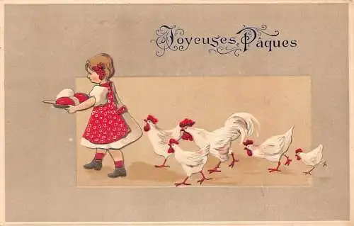 L078 Frankreich 1908 Frohe Ostern Mädchen Eier Hühner geprägte Fantasie Postkarte